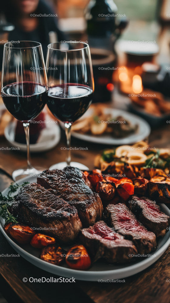 Gourmet Steak Dinner with Red Wine and Roasted Vegetables