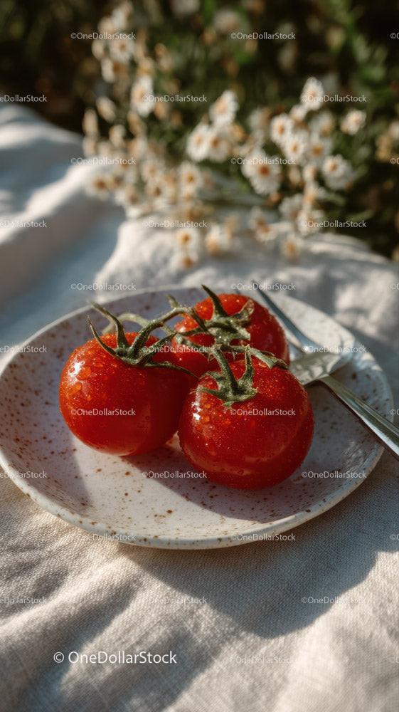 Vibrant Fresh Tomatoes on a White Ceramic Plate in Natural Setting