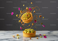 Gourmet pistachio tart with caramel and flower petals
