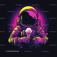Colorful Astronaut Holding Ice Cream in Space with Galaxy Reflection