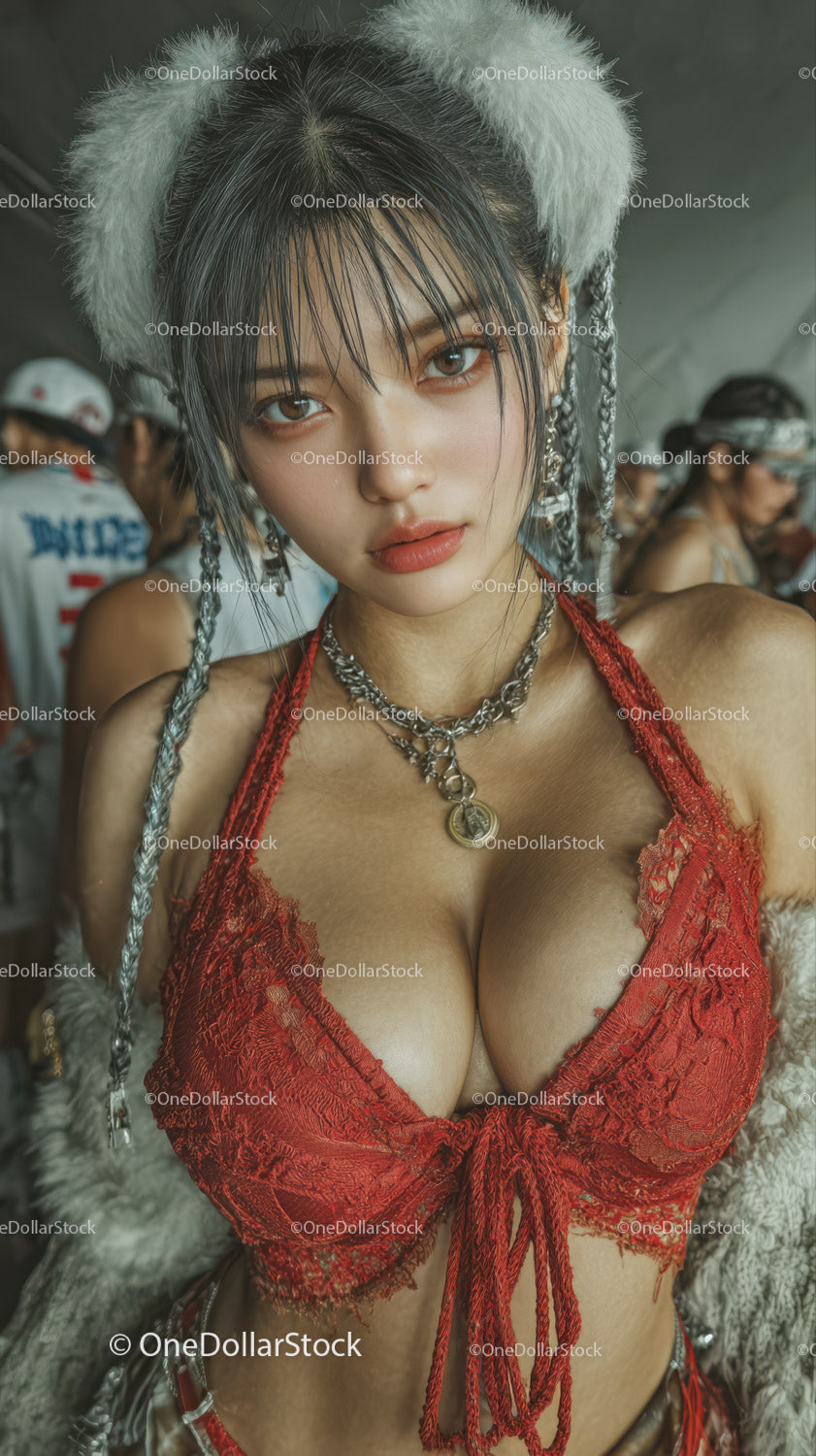 Sensual Young Woman in Red Lace Lingerie with Edgy Style and Bold Expression