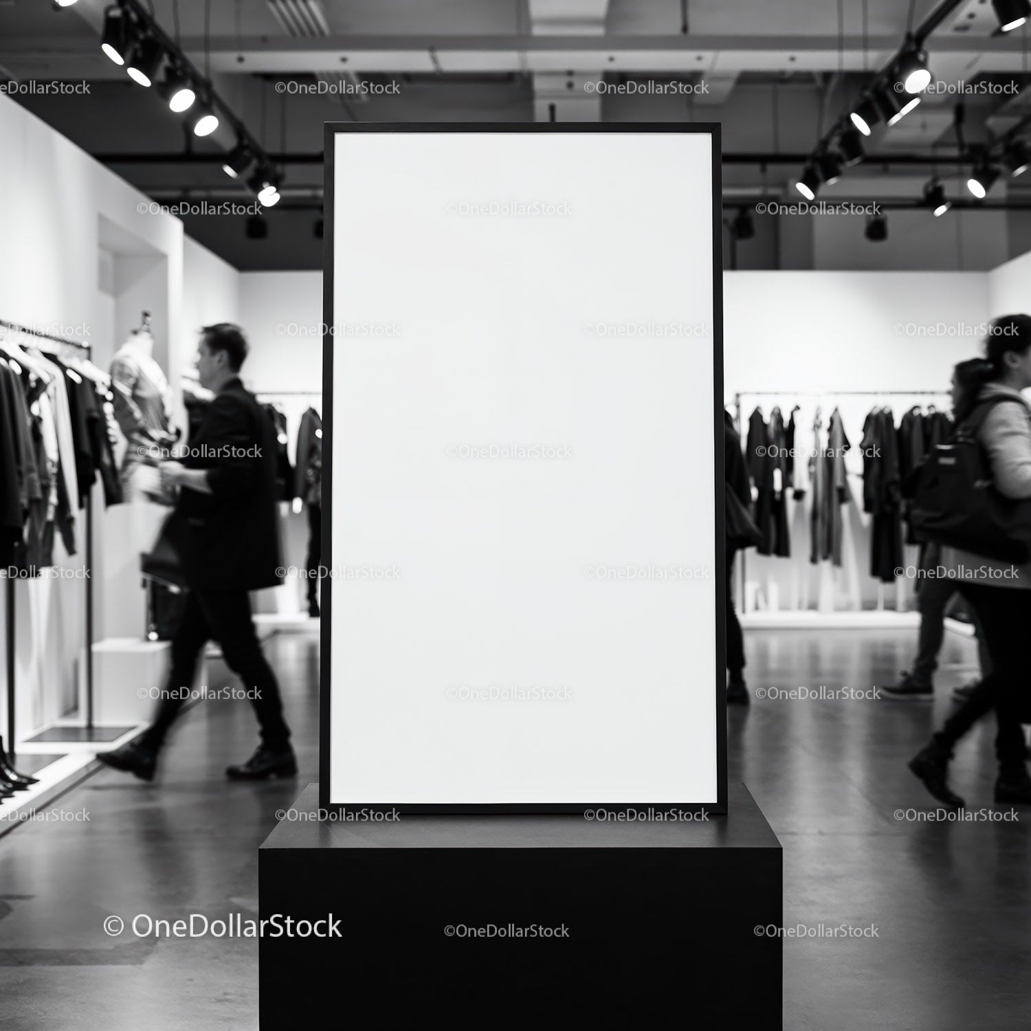Blank vertical poster frame in modern clothing store