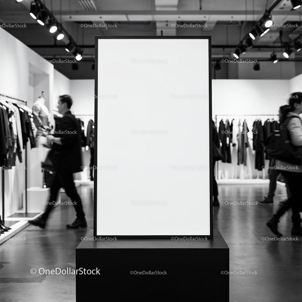 Blank vertical poster frame in modern clothing store JPG Mockup Image