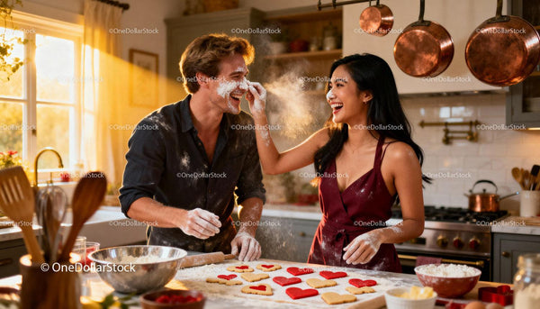 Couple Playfully Baking Heart-Shaped Cookies Together