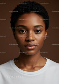Close-up of an African American woman with natural freckles and short curly hair