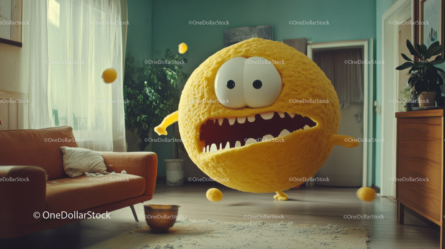Whimsical Yellow Plush Monster in Cozy Living Room Interior