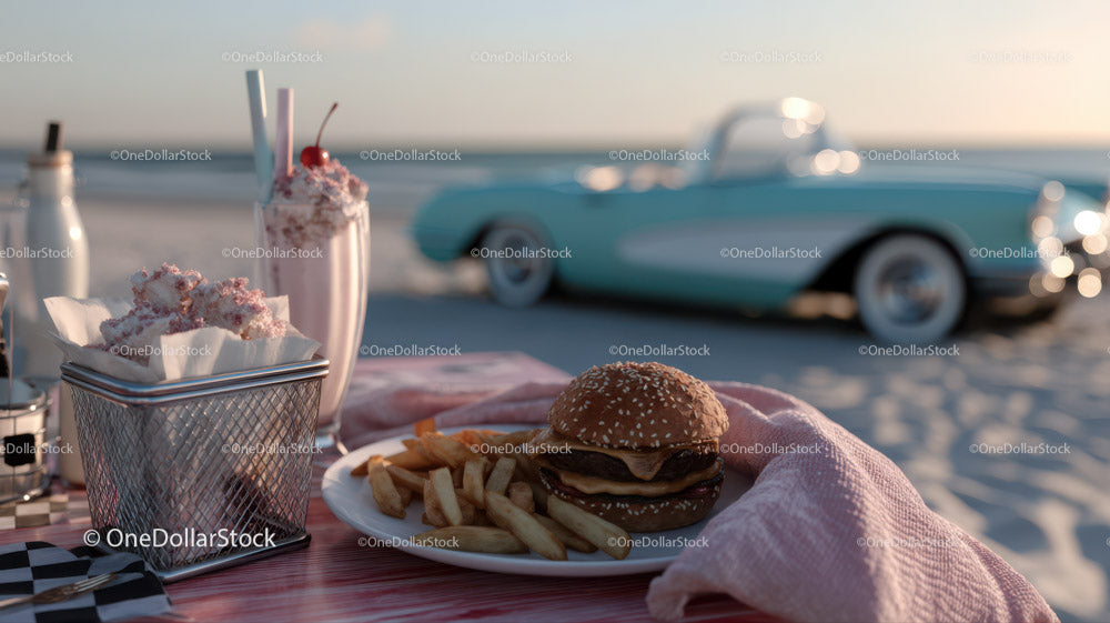 Piknik na plaży z cheeseburgerem, frytkami, koktajlem mlecznym i zabytkowym samochodem