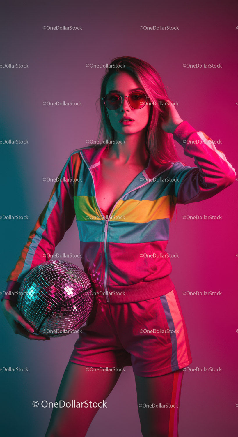Vibrant Woman in Tracksuit with Disco Ball in Nightlife Scene
