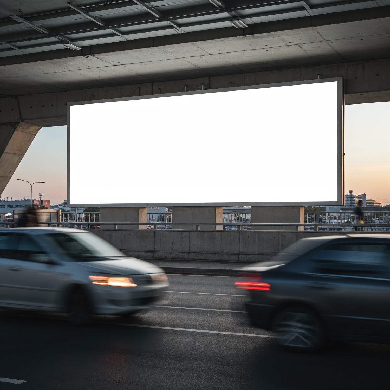 Pusty billboard nad ruchliwą ulicą miejską o zmierzchu