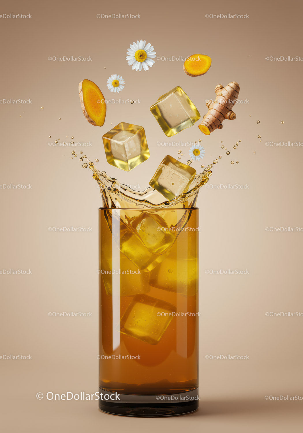 Refreshing Turmeric Infused Drink with Ice Cubes Splash