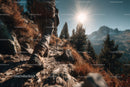 Mountain Trail Hiker Trekking Through Rugged Landscape in Bright Sun