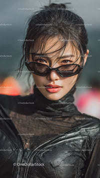 Confident Woman in Stylish Black Outfit and Sunglasses