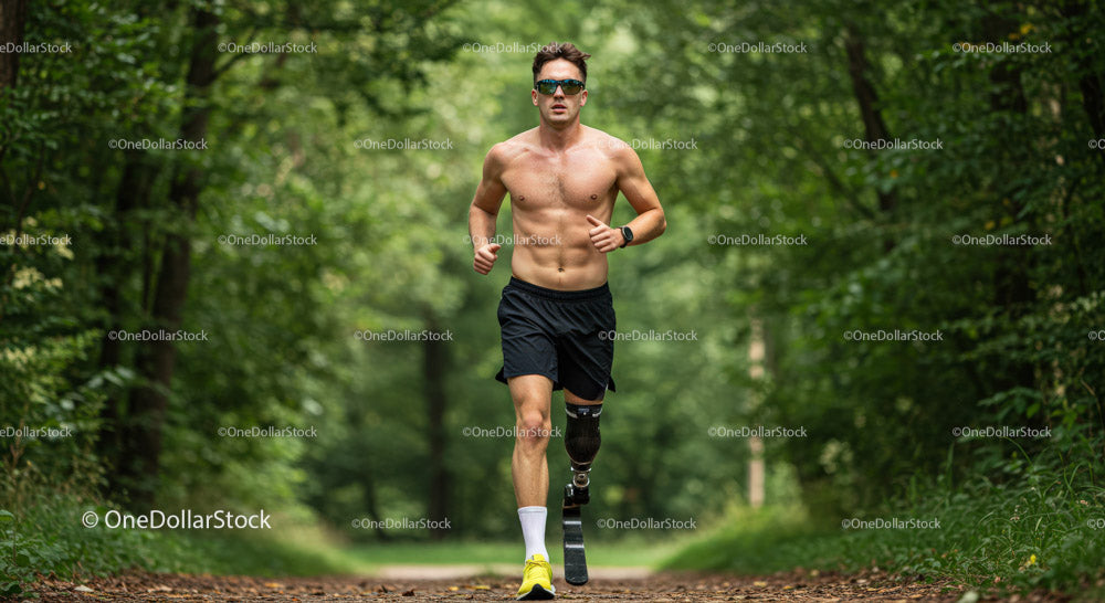 Young Man Running in Forest with Prosthetic Limb for Fitness