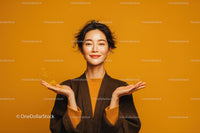 Confident Young Woman Smiling with Yellow Background and Casual Fashion