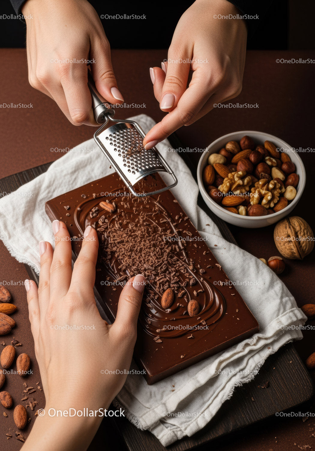 Dark Chocolate Bar with Nuts and Chocolate Shavings in Gourmet Kitchen