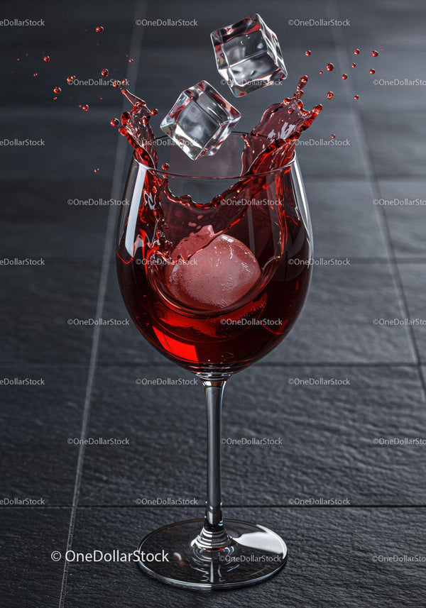 Ice Cubes Dropping into Glass of Red Wine Splash
