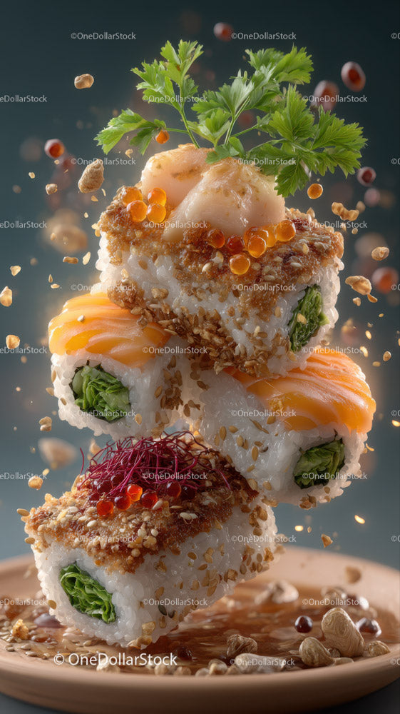 Kolorowe rolki sushi z łososiem, awokado, ikrą i chrupiącymi dodatkami