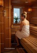 Serene Woman Relaxing in Wooden Sauna Interior for Wellness and Spa