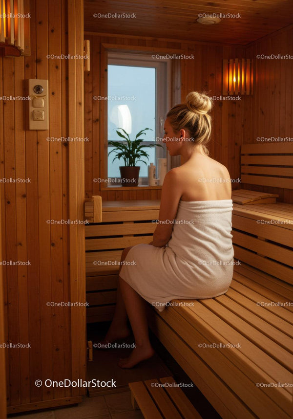 Spokojna kobieta relaksująca się w drewnianym wnętrzu sauny dla zdrowia i spa