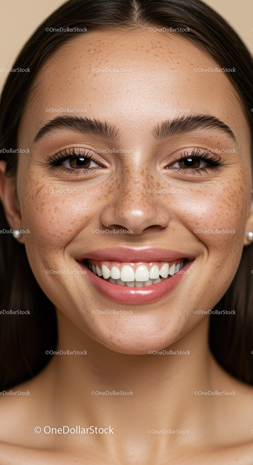 Close up of smiling woman with natural freckles