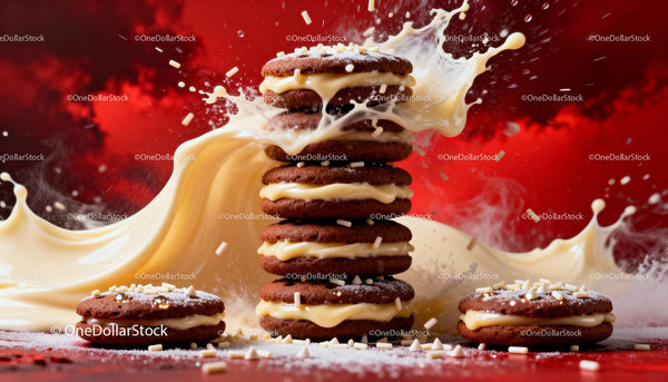 Stack of Cream-Filled Chocolate Sandwich Cookies Splashing Milk