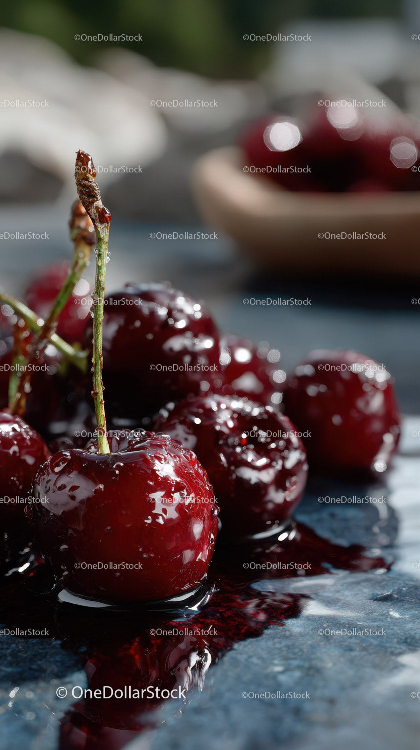 Close-up of Juicy Ripe Cherries with Glazed Surface and Water Droplets