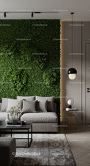 Modern Living Room with Green Plant Wall and Stylish Decor
