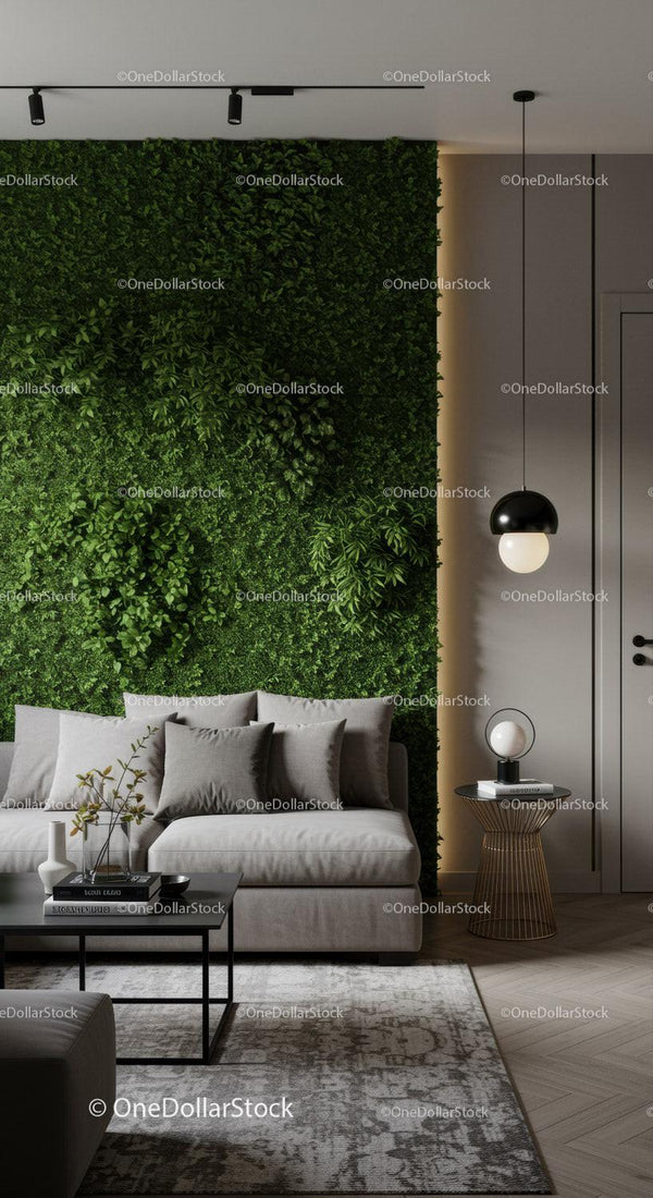 Nowoczesny salon z zieloną ścianą roślinną i stylową dekoracją