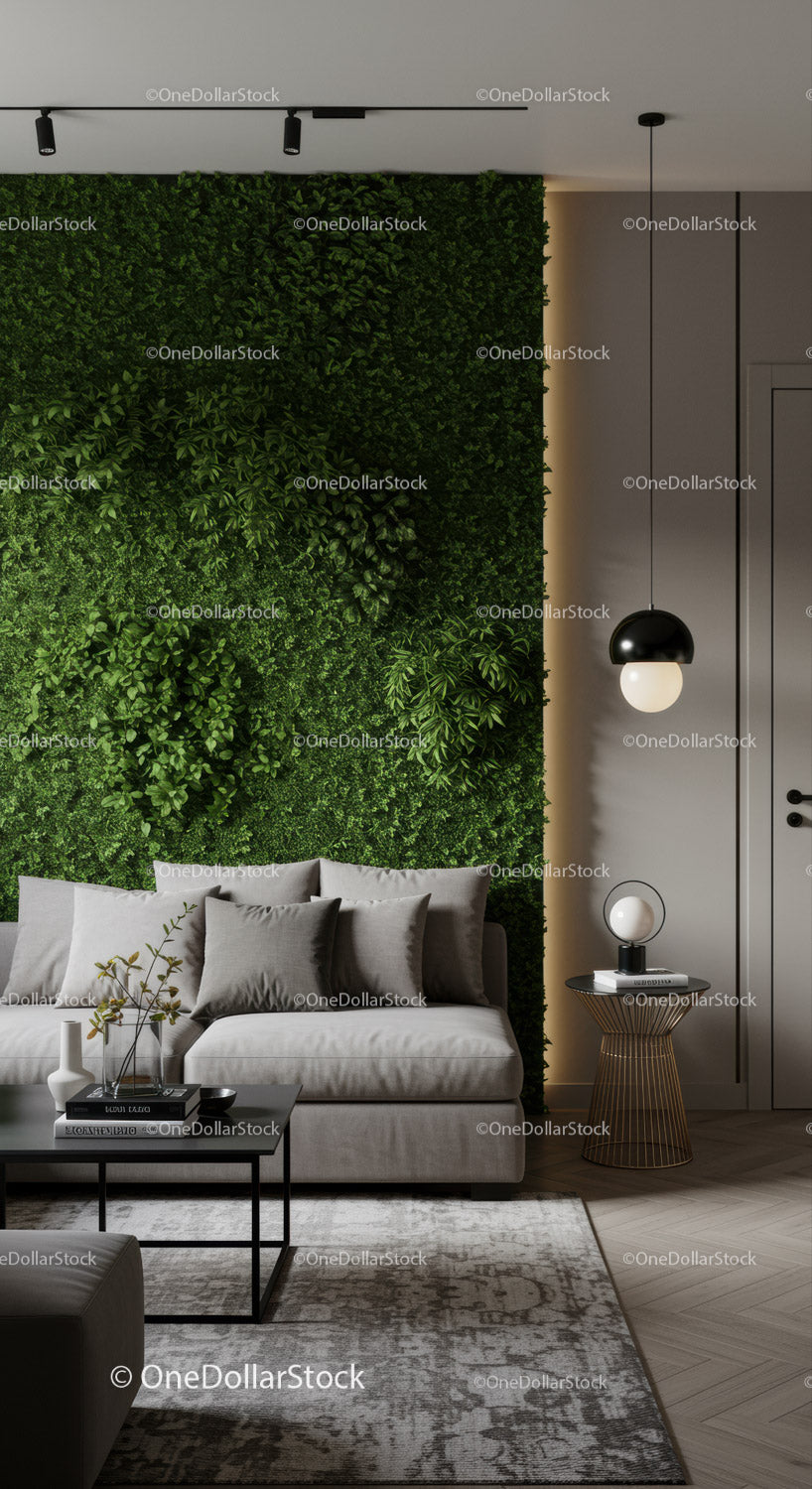 Modern Living Room with Green Plant Wall and Stylish Decor