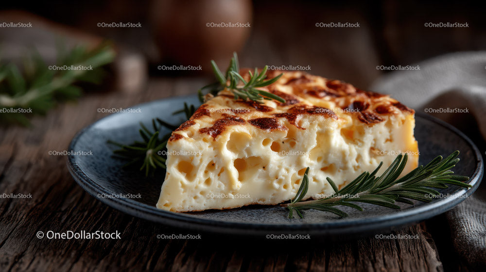 Baked Cheese Slice garnished with Rosemary on Rustic Plate