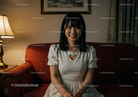 Portrait of a Happy Young Woman Sitting on a Couch in a Cozy Living Room