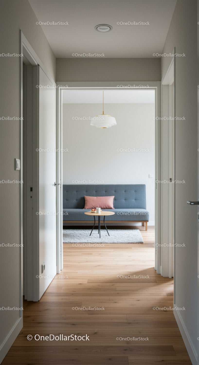 Nowoczesny, minimalistyczny salon z przytulną sofą i eleganckim wystrojem