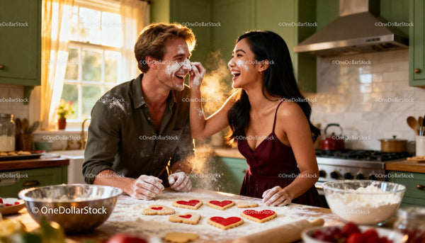 Couple Playfully Baking Heart-Shaped Cookies Together