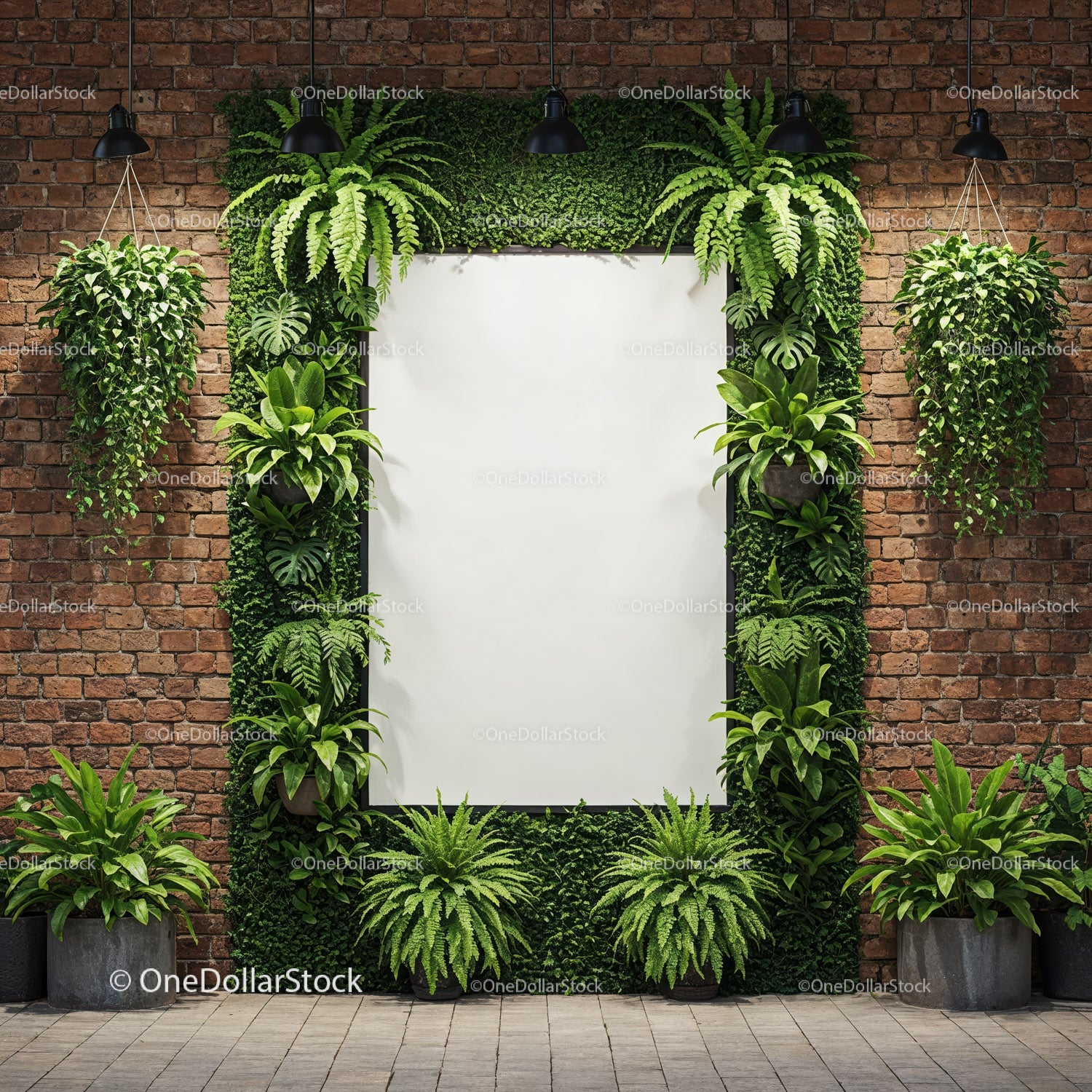 Blank white poster framed by lush green plants on brick wall