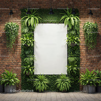 Blank white poster framed by lush green plants on brick wall
