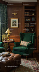 Cozy classic living room with green armchair and bookshelf