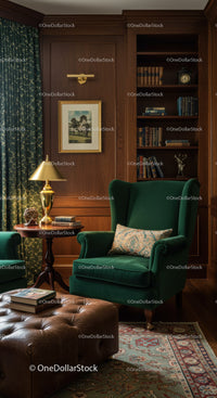 Cozy classic living room with green armchair and bookshelf