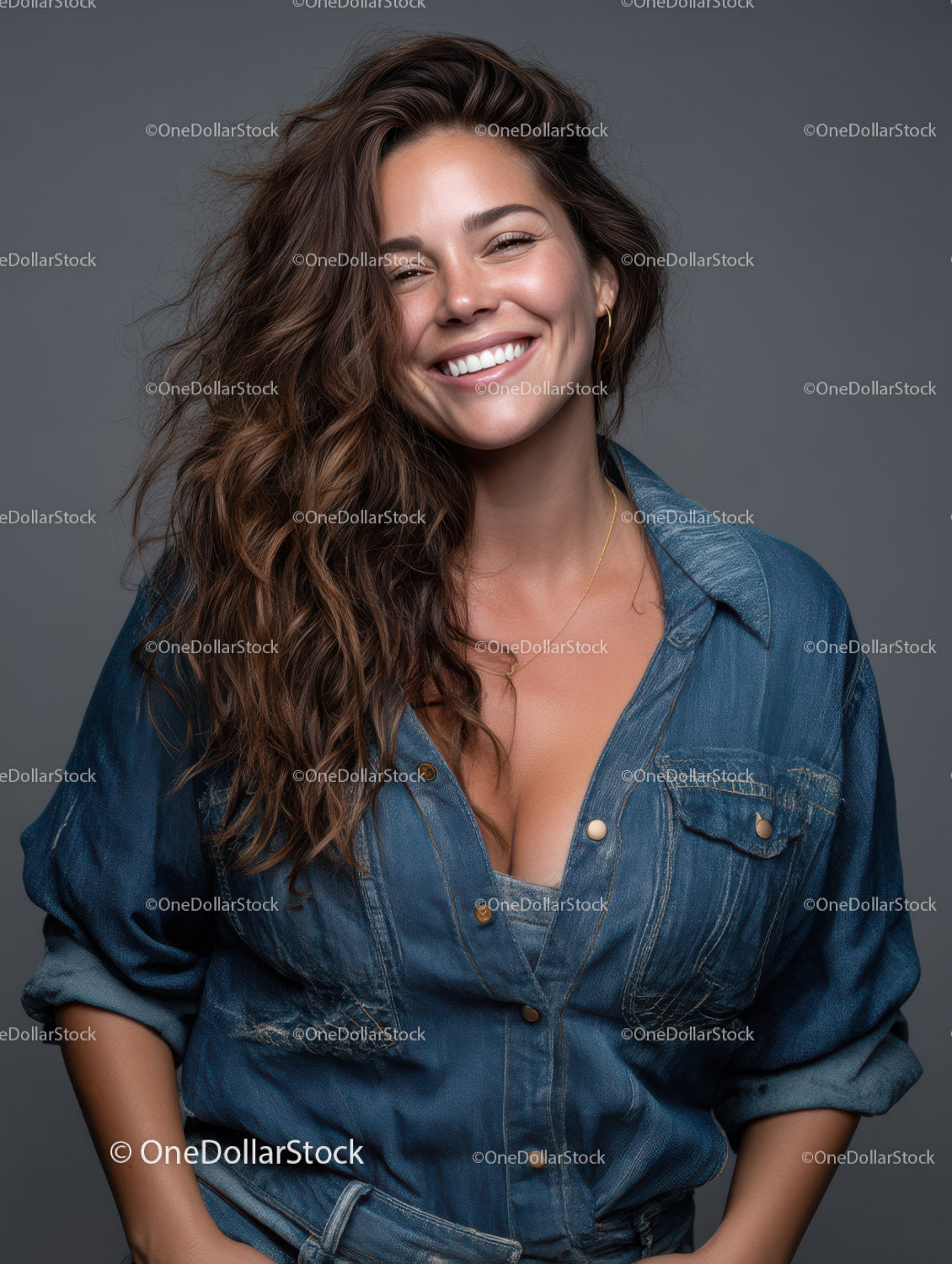 Joyful Woman with Curly Hair Wearing Denim Shirt