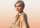 Elegant Blonde Woman in Beige Outfit with Minimalist Background