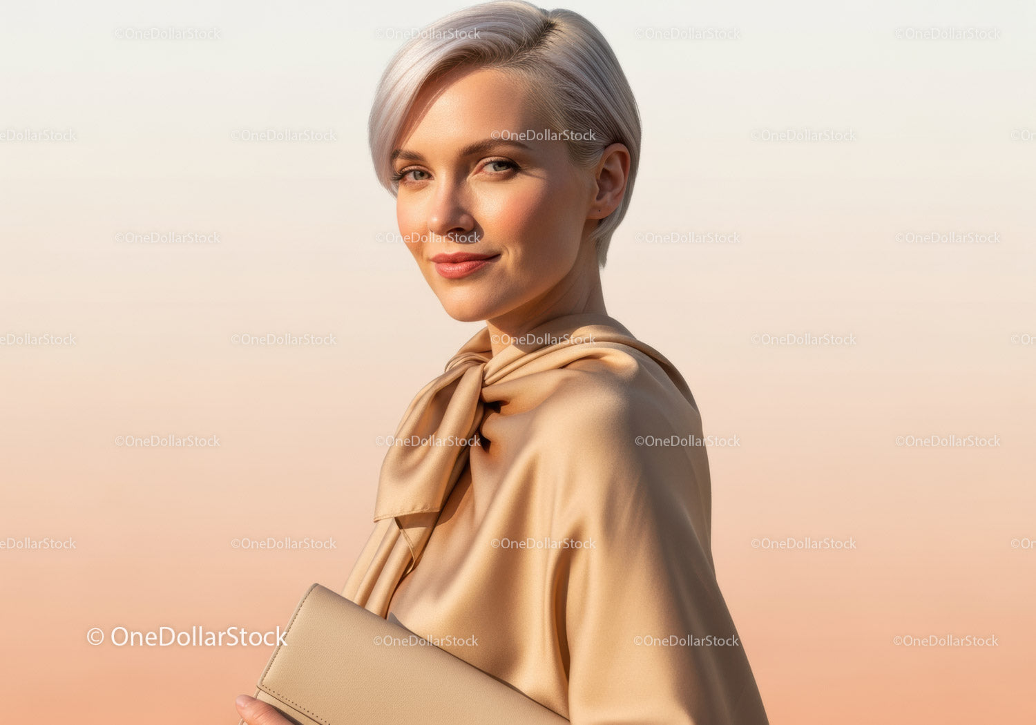 Elegant Blonde Woman in Beige Outfit with Minimalist Background