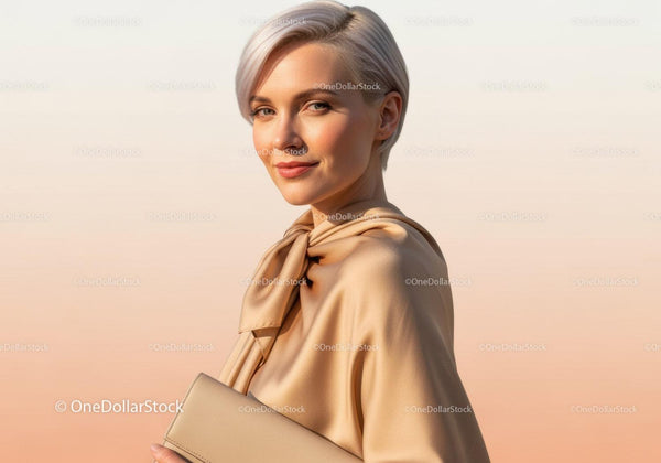 Elegancka Blondynka w Beżowym Stroju na Minimalistycznym Tle