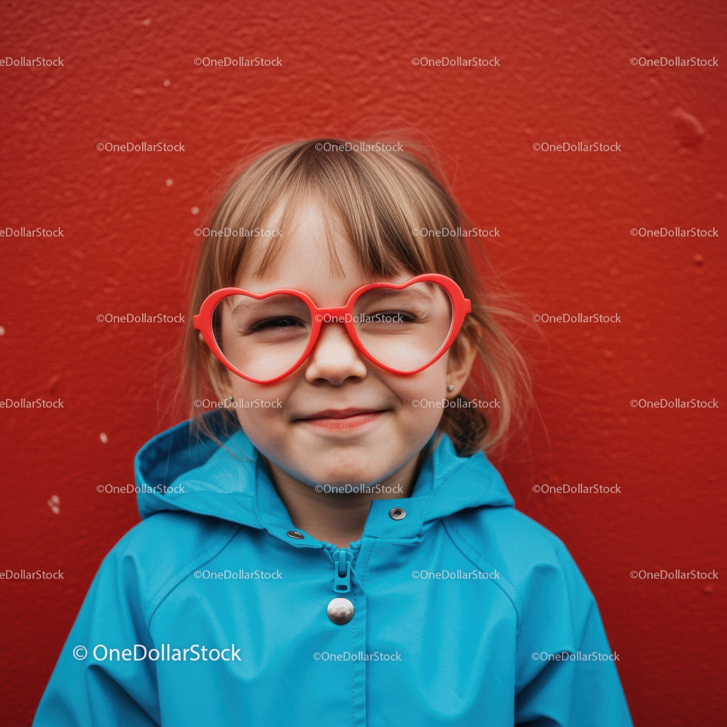 Smiling child in heart shaped glasses and blue jacket