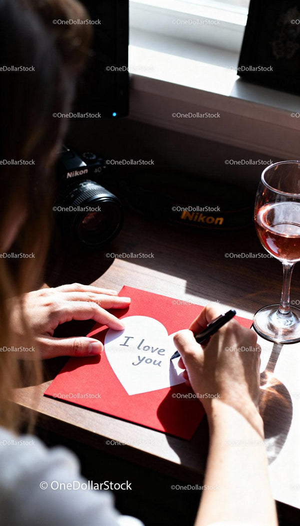 Writing a heartfelt love message on Valentines card