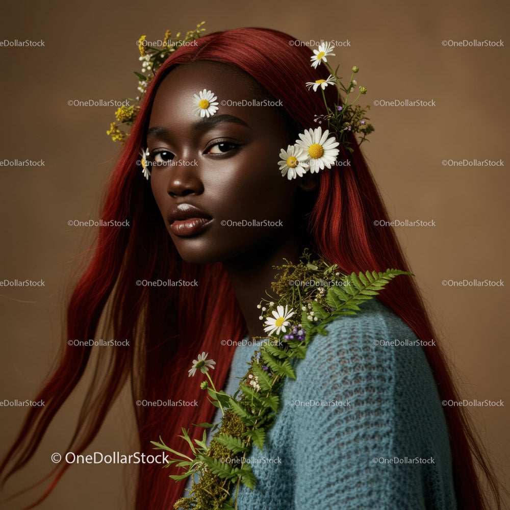 Elegant Portrait of a Woman with Red Hair and Flower Accessories