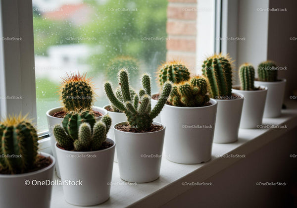 Assorted Cactus and Succulent Plants in White Pots on Windowsill