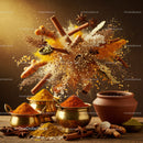 Assorted spices and herbs vibrant explosion on wooden table