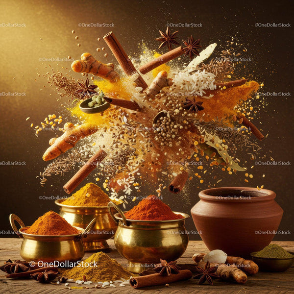 Assorted spices and herbs vibrant explosion on wooden table