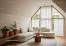 Cozy modern living room with large windows and plants