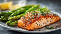 Fresh Grilled Salmon with Asparagus and Herb Garnish