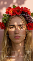 Beautiful Woman Wearing Floral Crown with Red Alstroemeria and Grape Flowers